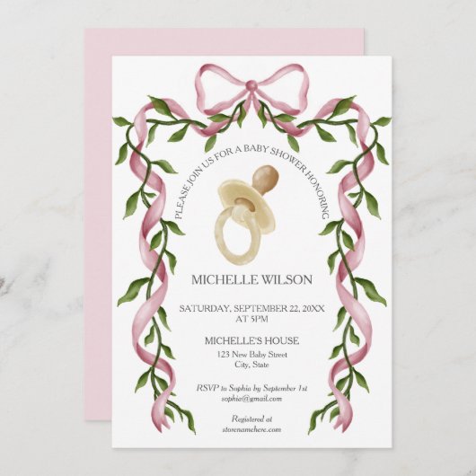  Coquette Greenery Pink Bow Pacifier Kaart (Voorkant / Achterkant)