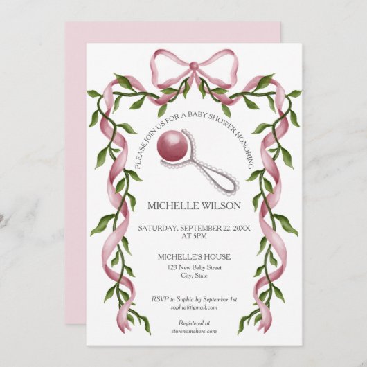  Coquette Greenery Roze Bow Baby Meisje Kaart (Voorkant / Achterkant)