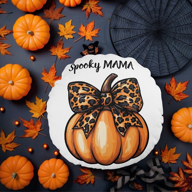 Coquette Halloween Leopart Pumpkin Bow Retro Rond Kussen (Coquette Halloween Leopart Pumpkin Bow Retro Round Pillow)