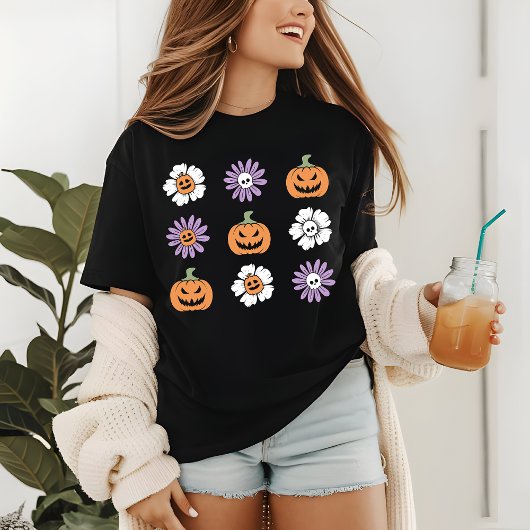 Coquette Halloween pompoenen bloemen schedels Tri-Blend Shirt