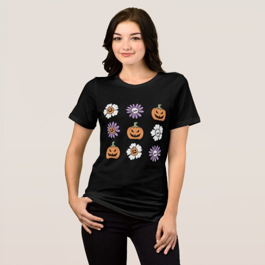 Coquette Halloween pompoenen bloemen schedels Tri-Blend Shirt (Voorkant volledig)