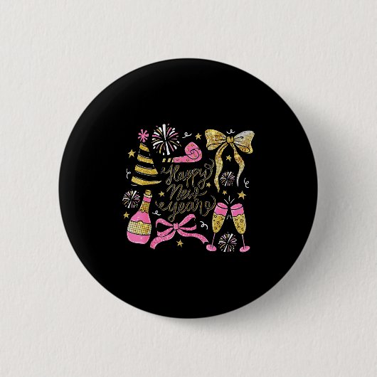 Coquette Happy New Year 2026 Champagne New Year's Ronde Button 5,7 Cm (Voorkant)