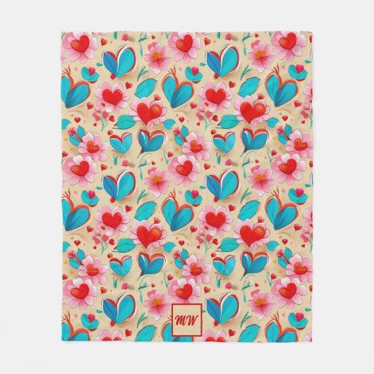 Coquette harten, en bloem crème monogram fleece deken (Voorkant)