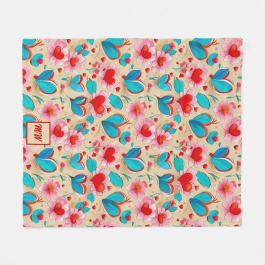 Coquette harten, en bloem crème monogram fleece deken (Voorkant (Horizontaal))