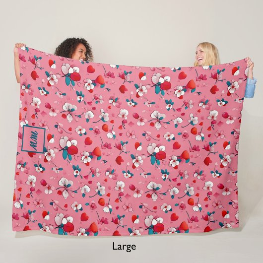 Coquette harten, en bloemen wit rood blauwgroen fleece deken