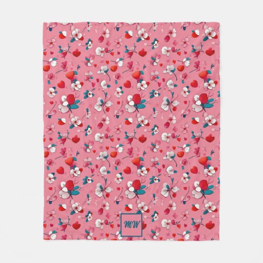 Coquette harten, en bloemen wit rood blauwgroen fleece deken (Voorkant)