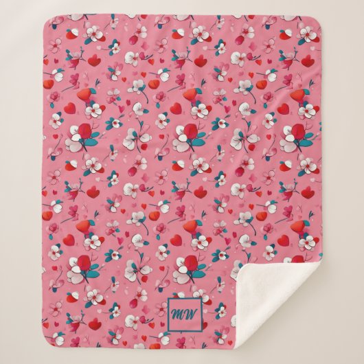 Coquette harten, en bloemen wit rood blauwgroen sherpa deken (Voorkant)