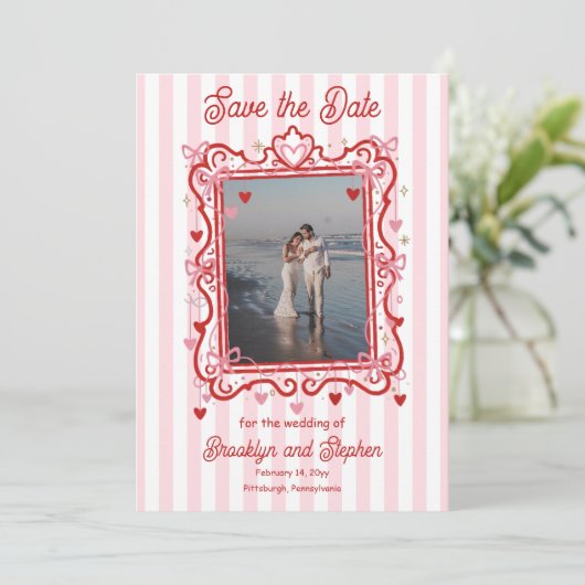 Coquette Hearts & Bows Wedding Save the Date Aankondiging (Staand voorkant)