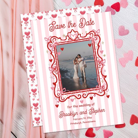 Coquette Hearts & Bows Wedding Save the Date Aankondiging