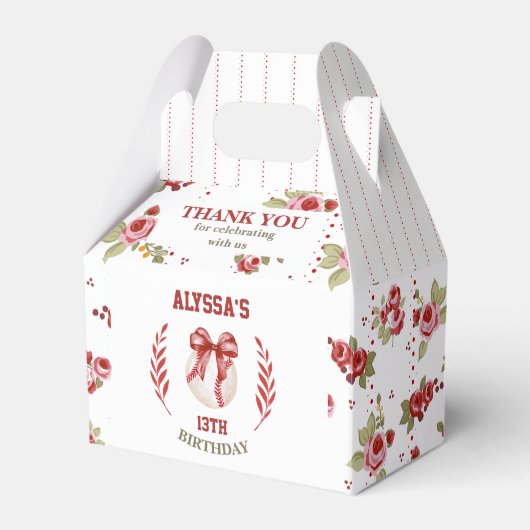 Coquette Honkbal Rode Boog Bloemen Moderne Verjaar Bedankdoosjes (Voorkant Zijde)