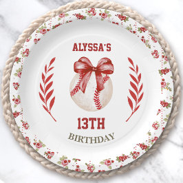 Coquette Honkbal Rode Boog Bloemen Moderne Verjaar Papieren Bordje
