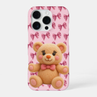 Coquette Kawaii Perzik Teddy met Roze Strikprint iPhone 16 Pro Hoesje