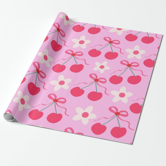 Coquette Kersen met Rode Bogen en Witte Bloemen Cadeaupapier (Uitgerold)