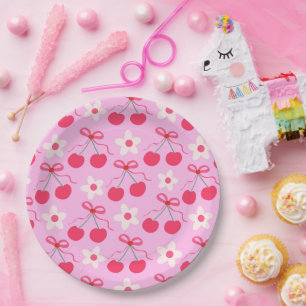 Coquette Kersen met Rode Bogen en Witte Bloemen Papieren Bordje