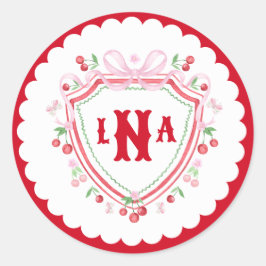 Coquette Kersen Monogram Wapen Bruidsdouche Ronde Sticker