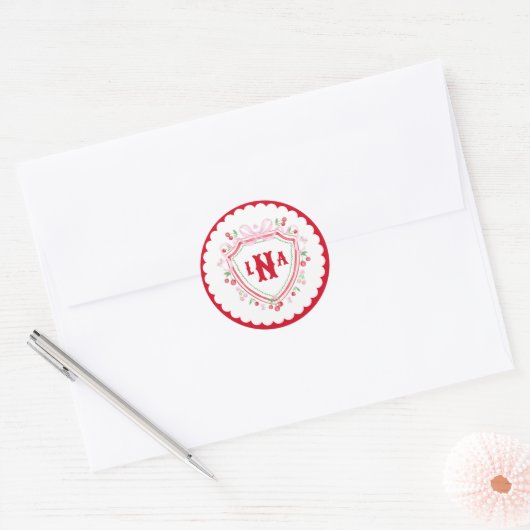 Coquette Kersen Monogram Wapen Bruiloftsdouche Ronde Sticker (Envelop)
