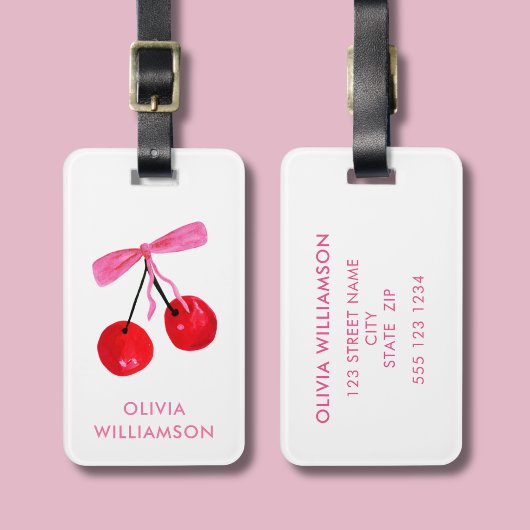 Coquette kersen & roze strik bagagelabel