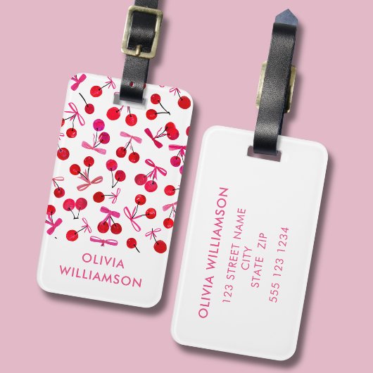 Coquette kersen & roze strik patroon bagage label