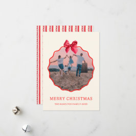Coquette Kerst Rode strik Wavy Foto Feestdagenkaart
