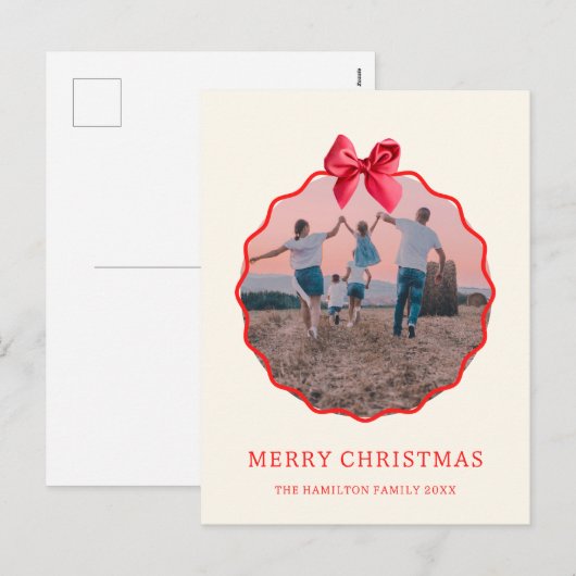 Coquette Kerst Rode strik Wavy Foto Feestdagenkaart (Voorkant / Achterkant)