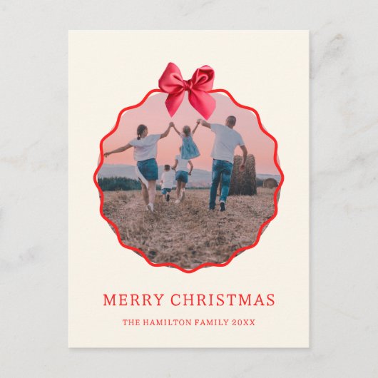 Coquette Kerst Rode strik Wavy Foto Feestdagenkaart (Voorkant)