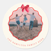 Coquette Kerst Rode strik Wavy Foto Ronde Sticker (Voorkant)