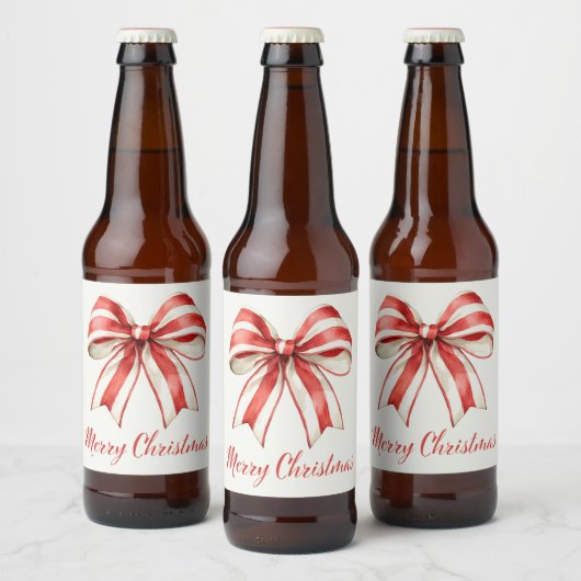Coquette Kerst Rood Wit Candy Cane Stripe Bow Bier Etiket (Flessen)