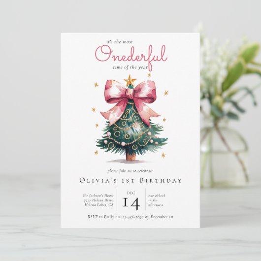 Coquette Kerstboom Bow Onederful 1e verjaardag Kaart (Staand voorkant)