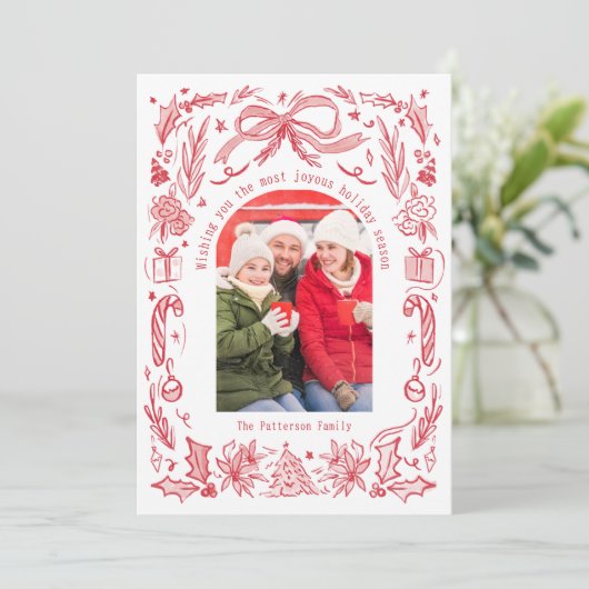 Coquette Kerstfeest Familie Foto Red Doodle Feestdagenkaart (Staand voorkant)