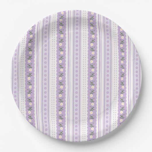 Coquette Lavender Scallop Floral Stripe Papieren Bordje (Voorkant)