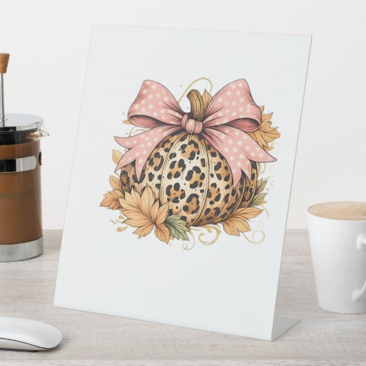 Coquette Leopard Pompoen met Roze Bow – Glam Herfs Reclamebord Met Voetstuk (Insitu)