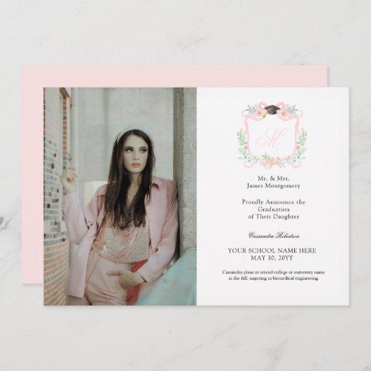 Coquette lint Afstuderen Monogram Crest Kaart (Voorkant / Achterkant)