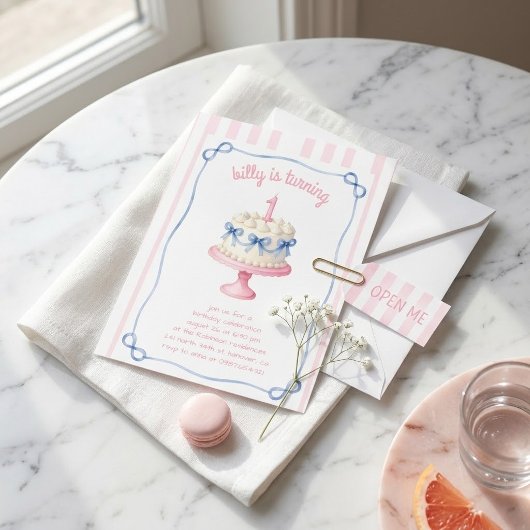 Coquette lint roze streep verjaardagstaart 1e kaart