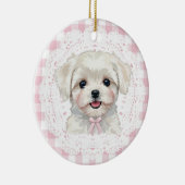 Coquette Maltese Dog Pink Gingham Bows Keramisch Ornament (Rechts)