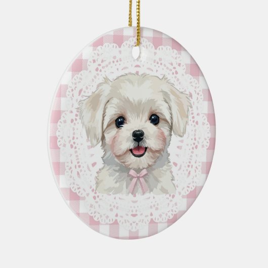 Coquette Maltese Dog Pink Gingham Bows Keramisch Ornament (Rechts)