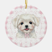Coquette Maltese Dog Pink Gingham Bows Keramisch Ornament (Voorkant)