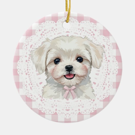 Coquette Maltese Dog Pink Gingham Bows Keramisch Ornament (Voorkant)