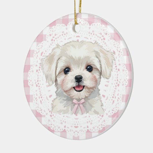 Coquette Maltese Dog Pink Gingham Bows Keramisch Ornament (Links)
