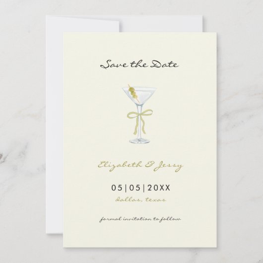 Coquette Martini Bow Handgeschreven Save the Date (Voorkant)