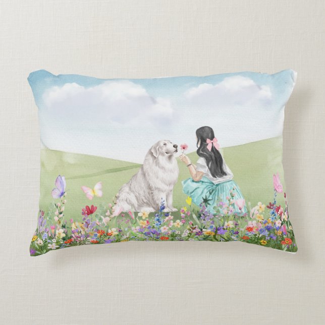 Coquette Meisje en Hond Spring Meadow Accent Kusse Kussen (Voorkant)