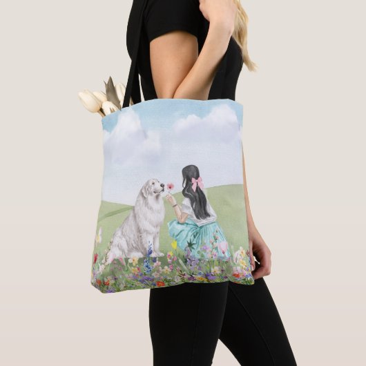 Coquette Meisje en Hond Spring Meadow Canvas tas (Dichtbij)