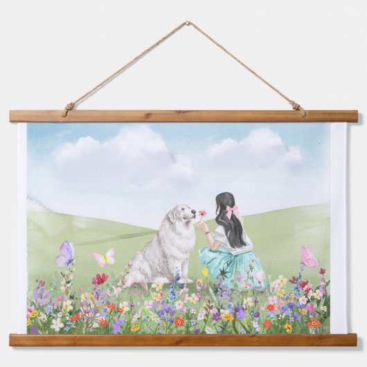 Coquette Meisje en Hond Spring Meadow Tapestry Hangend Wandkleed (Voorkant)