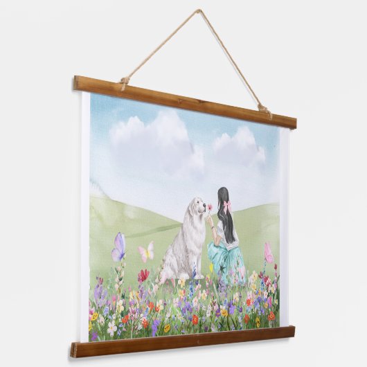 Coquette Meisje en Hond Spring Meadow Tapestry Hangend Wandkleed (Gebogen)