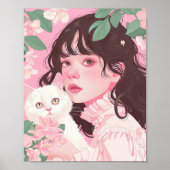Coquette Meisje met Witte Kat Roze Preppy Art Prin Poster (Voorkant)