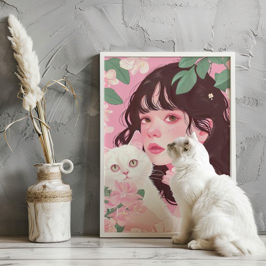 Coquette Meisje met Witte Kat Roze Preppy Art Prin Poster