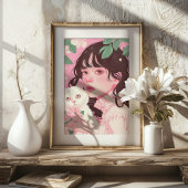 Coquette Meisje met Witte Kat Roze Preppy Art Prin Poster