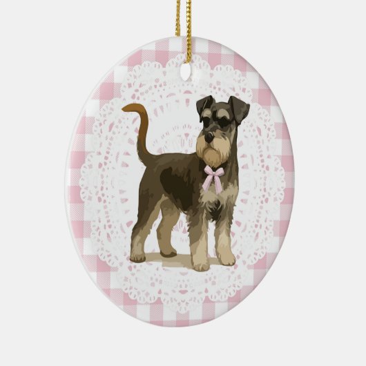 Coquette Miniature Schnauzer Dog Pink Gingham Bows Keramisch Ornament (Rechts)