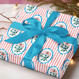 Coquette Mistletoe Rode Strik Christmas Strepen Cadeaupapier