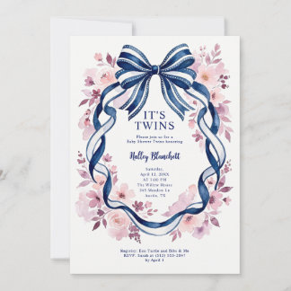 Coquette Navy Blue Strik Tweeling Baby Shower Kaart