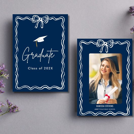 Coquette Navy Strik Foto Afstudeer Uitnodiging